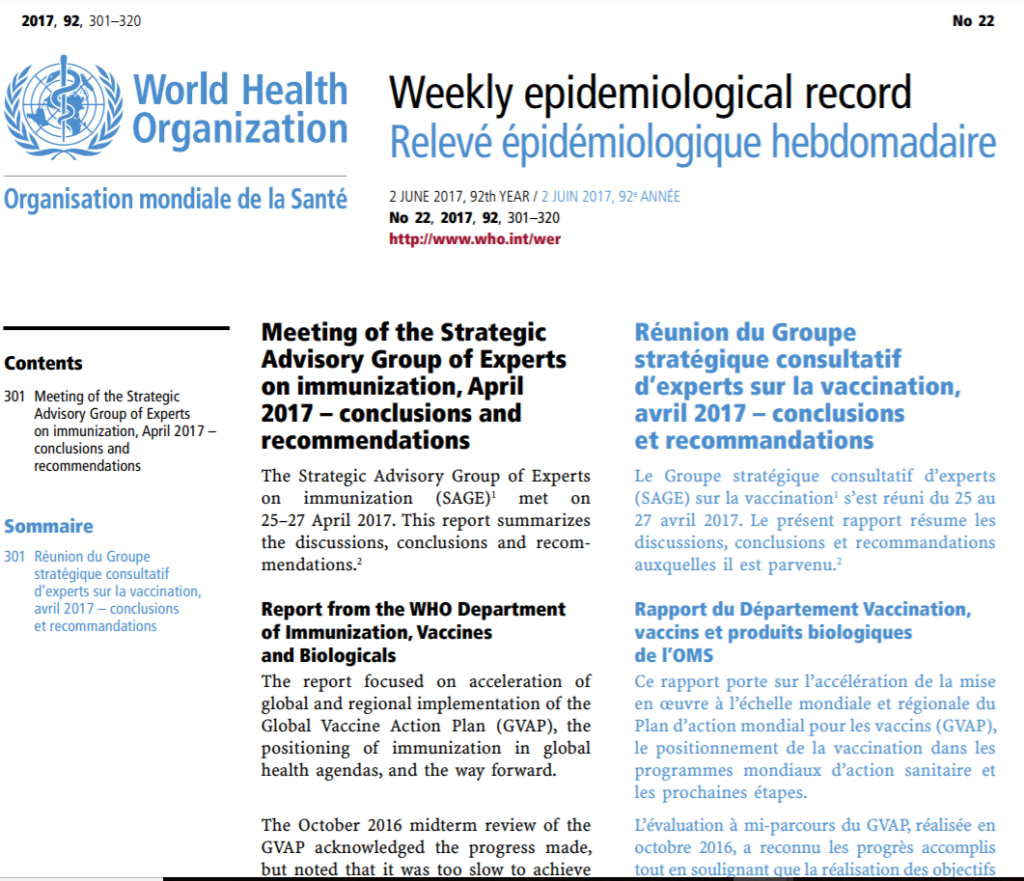 SAGE Position Papers, Conclusions and on Immunizations